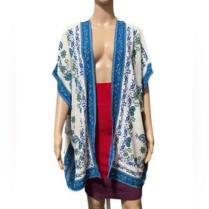 NWT Max Studio Womens Floral Open Front  White Blue Green Kimono Cardiga…